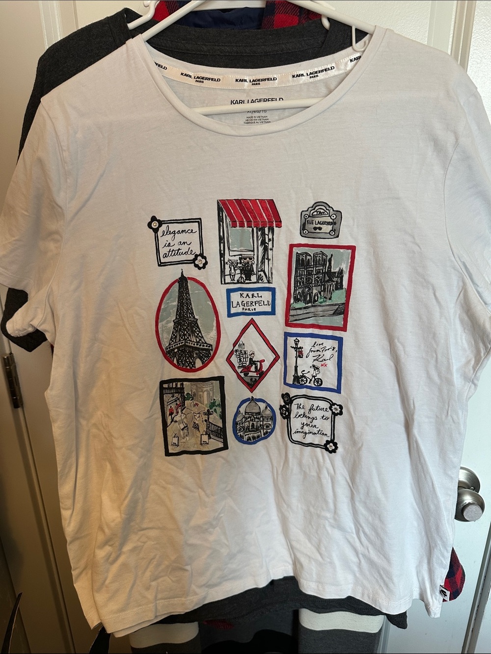 Karl Lagerfeld White Paris Motif Graphic Tee with Red & Blue Accents